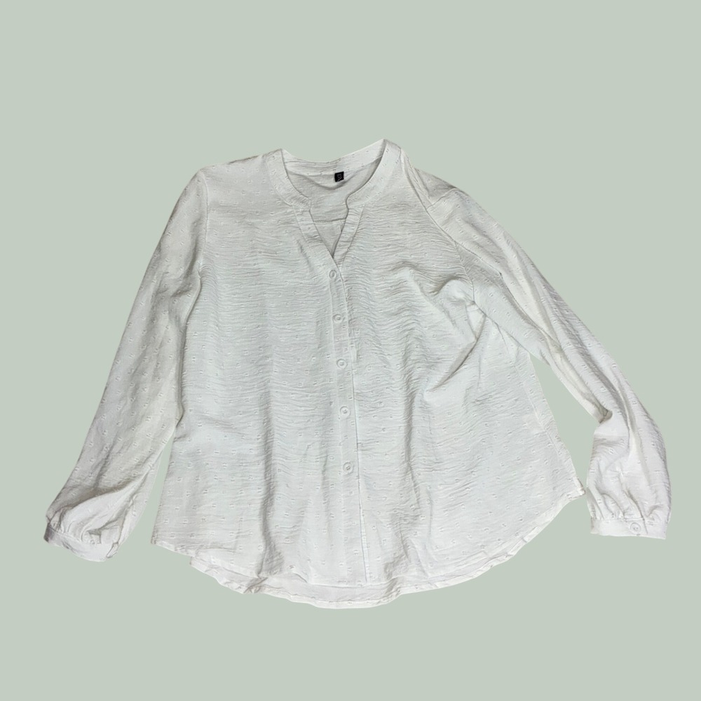 ION White Swiss Dot Blouse - XL - Long Sleeve Split Neck Boho Cottagecore Summer
